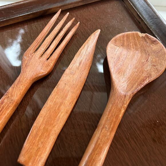 Vintage Hand Carved African Tribal Knife Fork Spoon Serving Utensils - Picture 6 of 15